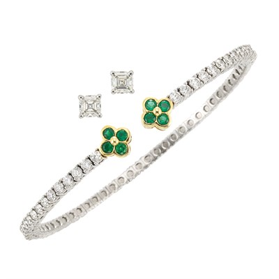 Lot 597 - White Gold, Diamond and Emerald Bangle Bracelet and Pair of Diamond Stud Earrings