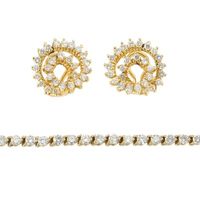 Lot 315 - Gold and Diamond Bracelet and Pair of Spiral Earrings