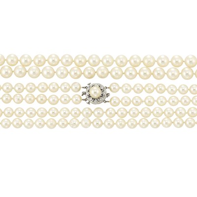 Lot 487 - Long Double Strand Cultured Pearl Necklace with Cultured Pearl and Diamond Clasp and Long Cultured Pearl Necklace