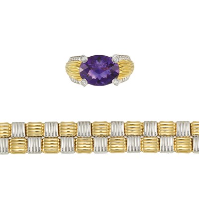 Lot 40 - Reversible Two-Color Gold Bracelet and Amethyst and Diamond Ring