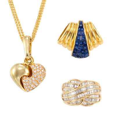Lot 158 - Gold and Diamond Heart Pendant with Double Strand Gold Chain, Diamond Ring and Gold and Invisibly-Set Sapphire Slide