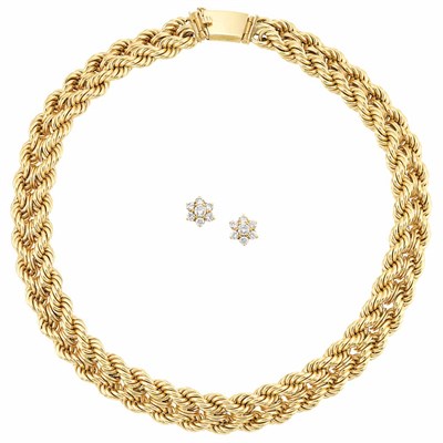 Lot 18 - Gold Necklace and Pair of Diamond Floret Earrings