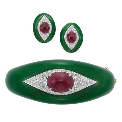 Lot 346 - Gold, Green Onyx, Cabochon Ruby and Diamond Bombe Bangle Bracelet and Pair of Earclips