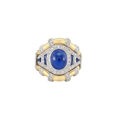 Lot 265 - Gold, Platinum, Cabochon Sapphire, Diamond and Sapphire Ring