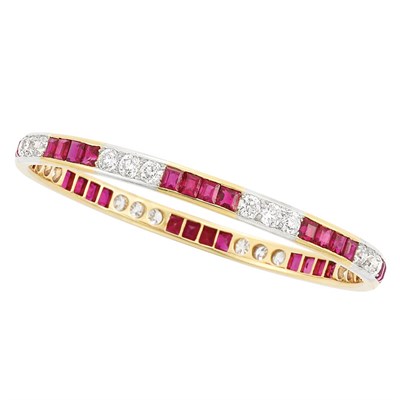 Lot 560 - Art Deco Gold, Platinum, Diamond and Ruby Bangle Bracelet