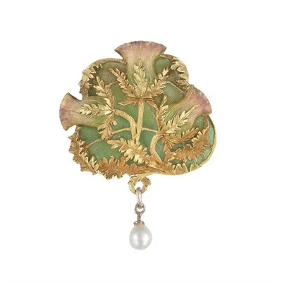 Lot 524 - Art Nouveau Gold, Plique-a-Jour Enamel, Enamel and Pearl Pendant-Brooch, Albert Chambin, France