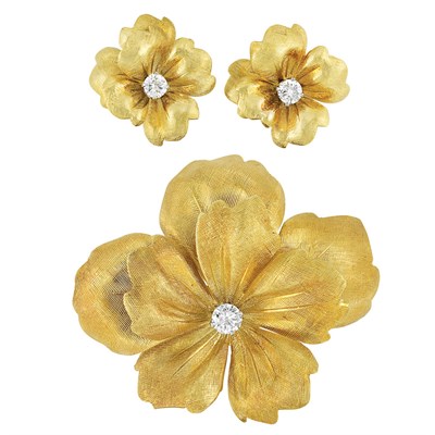 Lot 85 - Gold and Diamond Flower Brooch and Pair of Earclips, Tiffany & Co.