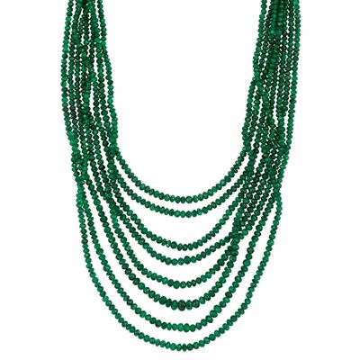 Lot 152 - Indian Eight Strand Emerald Bead Necklace with Woven Cord