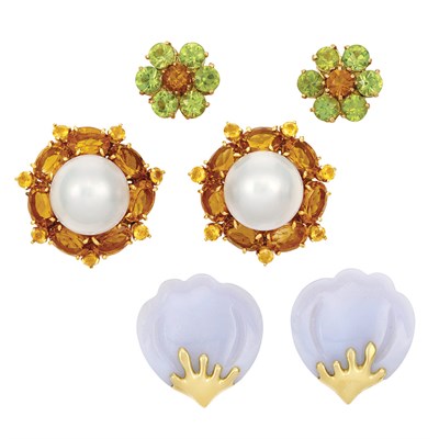 Lot 19 - Three Pairs of Gold and Gem-Set Earclips