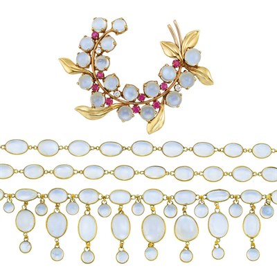 Lot 73 - Retro Gold, Moonstone and Ruby Brooch and Two Antique Moonstone Necklaces