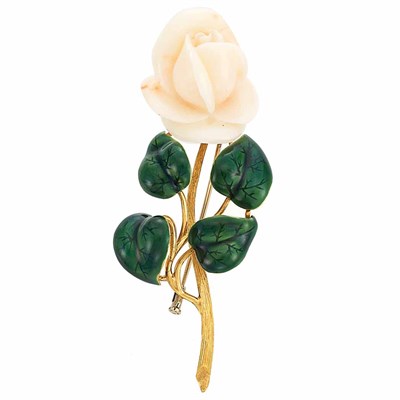 Lot 95 - Gold, Carved Coral and Green Enamel Flower Brooch