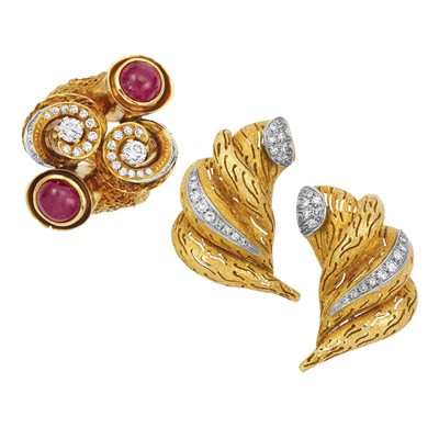 Lot 253 - Gold, Cabochon Ruby and Diamond Ring and Pair of Gold and Diamond Earclips