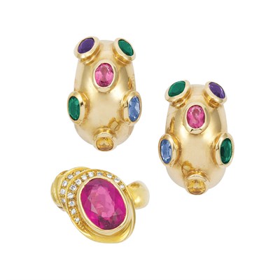 Lot 798 - Gold, Pink Tourmaline and Diamond Ring and Pair of Gold and Gem-Set Half-Hoop Earrings