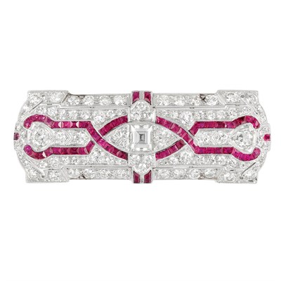 Lot 558 - Art Deco Platinum, Diamond and Ruby Brooch
