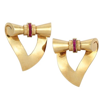 Lot 74 - Pair of Retro Gold and Ruby Clip-Brooches