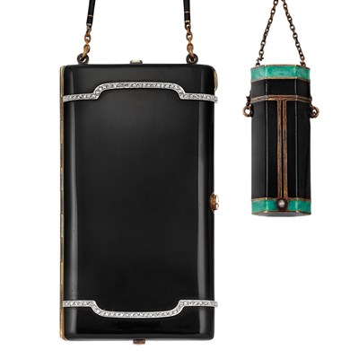Lot 243 - Art Deco Gold, Platinum, Black Enamel and Diamond Vanity and Lipstick Case