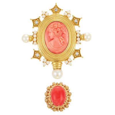 Lot 750 - Gold, Coral Cameo, Cultured Pearl and Diamond Pendant Clip-Brooch and Coral Ring