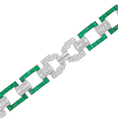 Lot 569 - Art Deco Platinum, Diamond and Emerald Bracelet