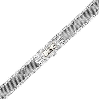 Lot 551 - Art Deco Platinum and Diamond Mesh Wristwatch