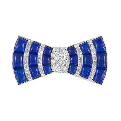 Lot 546 - Art Deco Platinum, Lapis and Diamond Bow Brooch