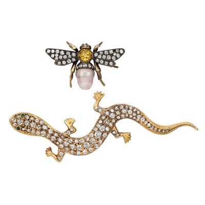 Lot 192 - Antique Diamond Lizard Brooch and Diamond, Citrine and Freshwater Pearl Insect Pin