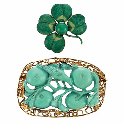 Lot 370 - Antique Gold, Green Enamel and Green Hardstone Flower Pendant-Brooch and Gold and Carved Turquoise Pendant-Brooch