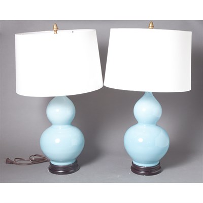 Lot 507 - Pair of Porcelain Double Gourd-Form Lamps Each...