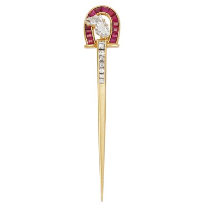 Lot 256 - Gold, Carved Diamond Horse Head, Diamond and Ruby Bar Pin