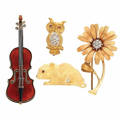 Lot 576 - Four Gold, Diamond and Enamel Pins