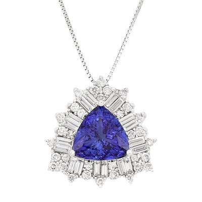 Lot 159 - White Gold, Tanzanite and Diamond Pendant with Sterling Silver Chain