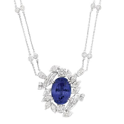 Lot 663 - White Gold, Gold, Tanzanite and Diamond Pendant-Necklace