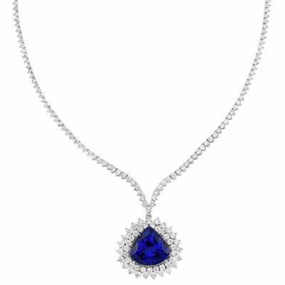 Lot 474 - White Gold, Diamond and Tanzanite Pendant-Necklace