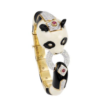 Lot 414 - Gold, Enamel, Diamond and Cabochon Ruby Panda Bangle Bracelet