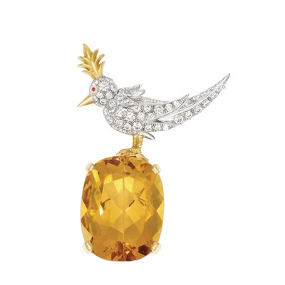 Lot 441 - Gold, Platinum, Diamond and Citrine 'Bird on a Rock' Brooch, Tiffany & Co., Schlumberger