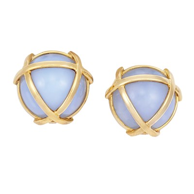 Lot 32 - Pair of Gold and Dyed Blue Chalcedony 'Caged' Earclips, Verdura