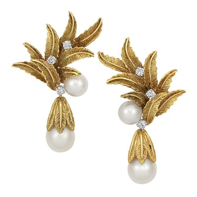 Lot 139 - Pair of Gold, Diamond and Cultured Pearl Pendant-Earrings, Tiffany & Co.
