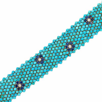Lot 424 - Gold, Turquoise, Diamond and Sapphire Bracelet