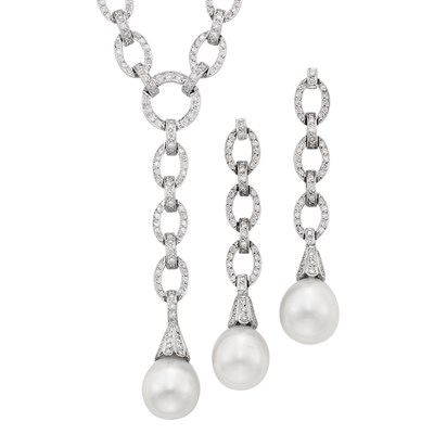 Lot 321 - White Gold, Diamond and Cultured Pearl Pendant-Necklace and Pair of Pendant-Earrings