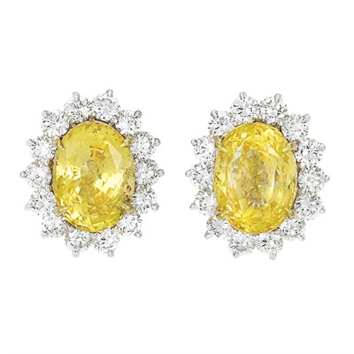 Lot 499 - Pair of Platinum, Yellow Sapphire and Diamond Earrings