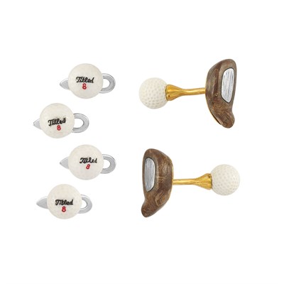 Lot 202 - Gold, Carved Cocholong, Fossilized Wood and Enamel Golf Ball Dress Set, by Michael Kanners