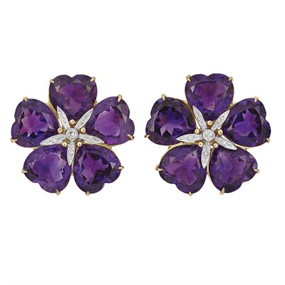 Lot 286 - Pair of Gold, Amethyst and Diamond Flower Earclips