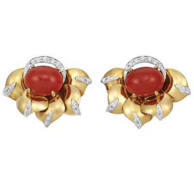Lot 5 - Pair of Gold, Oxblood Coral and Diamond Flower Earrings