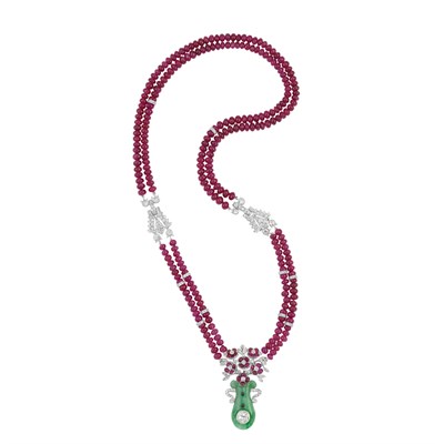 Lot 561 - Art Deco Double Strand Ruby Bead, Platinum, Diamond, Cabochon Ruby and Carved Jade Necklace