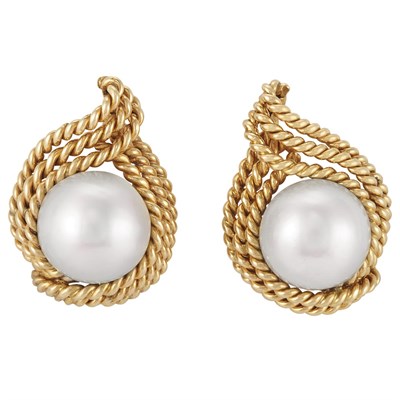 Lot 378 - Pair of Gold and Mabe Pearl Earclips, David Webb
