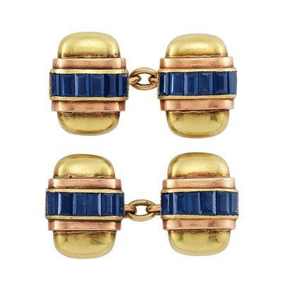 Lot 91 - Pair of Retro Two-Color Gold, Platinum and Sapphire Cufflinks