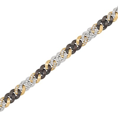 Lot 2 - Two-Color Gold, Blackened Steel and Diamond Curb Link Bracelet