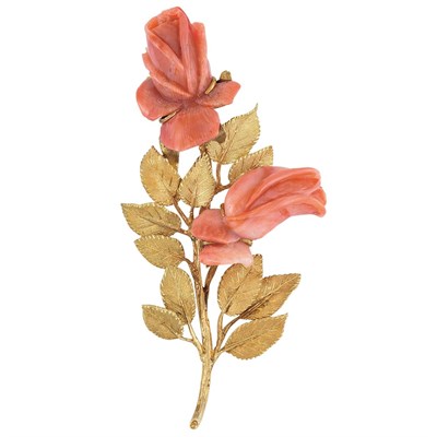 Lot 372 - Two-Color Gold and Carved Coral Flower Clip-Brooch, Mario Buccellati