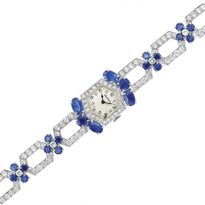 Lot 483 - Platinum, Diamond and Sapphire Wristwatch, Cartier