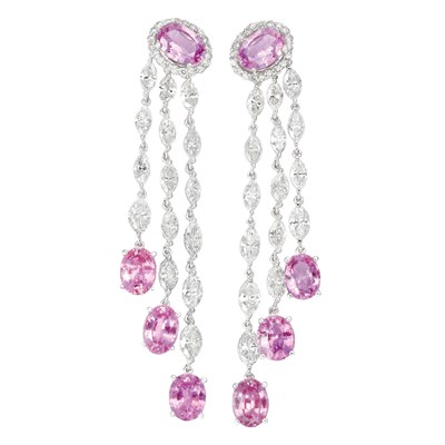 Lot 475 - Pair of White Gold, Pink Sapphire and Diamond Fringe Earrings