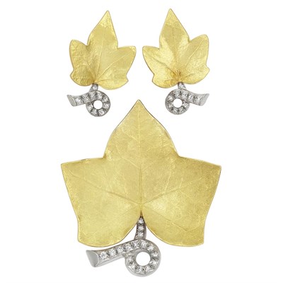 Lot 15 - Gold, Platinum and Diamond Leaf Clip-Brooch and Pair of Earrings, Cartier
